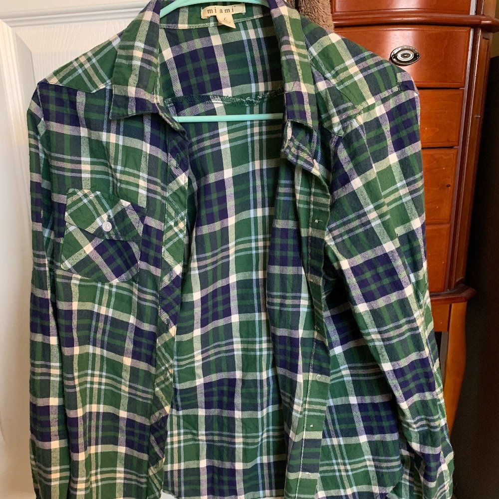Green and blue plaid long sleeved button down